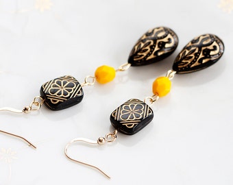 Black Floral Beaded Earrings Etched Bead Black Earrings Yellow Bead Bohemian Earrings Black Jewelry - E144