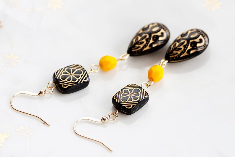 Black Floral Beaded Earrings Etched Bead Black Earrings Yellow Bead Bohemian Earrings Black Jewelry E144 image 1