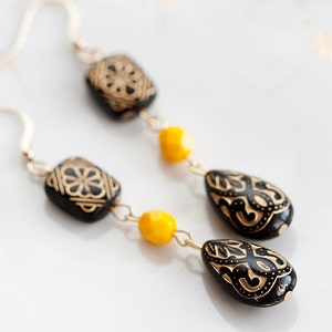 Black Floral Beaded Earrings Etched Bead Black Earrings Yellow Bead Bohemian Earrings Black Jewelry E144 image 2