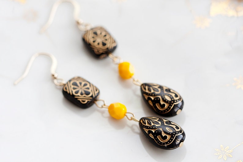 Black Floral Beaded Earrings Etched Bead Black Earrings Yellow Bead Bohemian Earrings Black Jewelry E144 image 2