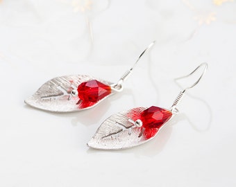 Ruby Drop Leaf Earrings Simple Leaf Red Teardrop Sterling Silver Earrings Leaf Dangle Earrings Leaf Jewelry - E166