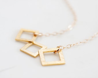 Triple Cuadrado Collar Collar Geométrico Amuleto Cuadrado Geometría Oro Joyería - N257