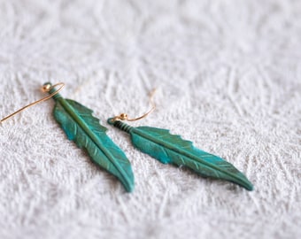 Patina Feather Earrings Verdigris Feather Dangle Earrings Bohemian Feather Boho Jewelry - E358