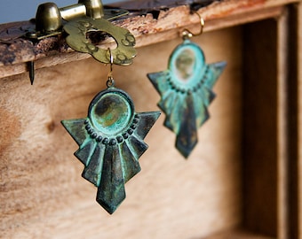 Verdigris Patina Art Deco Earrings Egyptian Jewelry Vintage Inspired Rustic Geometric Charm Turquoise Unique Jewelry - E215