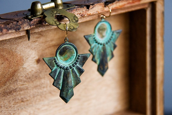 Verdigris Patina Art Deco Earrings Egyptian Jewelry Vintage
