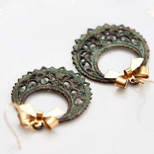 Patina Floral Hoop Earrings – Brass Bow, Filigree Jewelry - E108