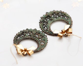 Patina Floral Hoop Earrings Tiny Bow Patina Earrings Verdigris Filigree Brass Bow Earrings Patina Jewelry - E108