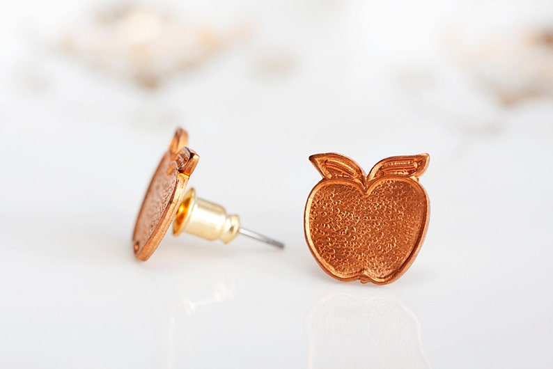 Copper Apple Earrings Summer Sunshine Orange Apple Ear Studs Apple Ear Posts Apple Fruit Stud Earrings Summer Jewelry E157 image 2