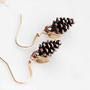 Tiny Leaf Pine Cone Earrings Christmas Gold Minimal Leaves Antiqued Copper Brown Pinecone Nature Woodland - E188