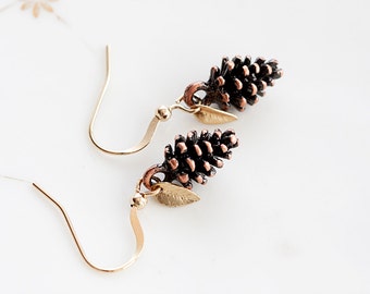 Tiny Leaf Pine Cone Earrings Christmas Gold Minimal Leaves Antiqued Copper Brown Pinecone Nature Woodland - E188