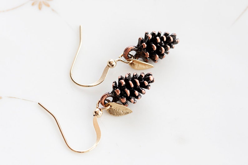 Tiny Leaf Pine Cone Earrings Christmas Gold Minimal Leaves Antiqued Copper Brown Pinecone Nature Woodland E188 image 1