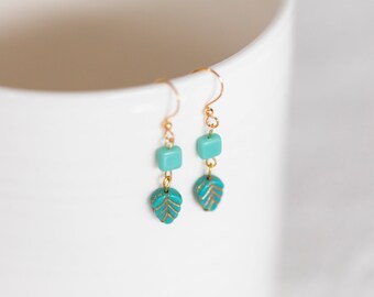 Blue Square Bead Earrings Spring Turquoise Leaf Earrings Pastel Earrings Aqua Blue Jewelry - E401