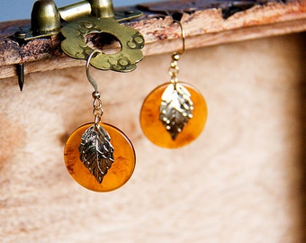 Amber Resin Leaf Earrings Autumn Orange Chips Gold Leaf Dangle Earrings Fall Autumn Jewelry - E284