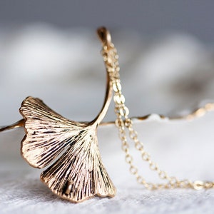 Ginkgo Leaf Necklace Mothers Day Gift Antiqued Matte Gold Plated Autumn Leaf N128 image 2