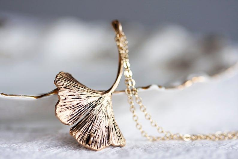 Ginkgo Leaf Necklace Mothers Day Gift Antiqued Matte Gold Plated Autumn Leaf N128 image 2