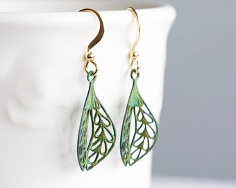 Verdigris Leaf Earrings Intricate Leaf Filigree Patina Earrings Green Earrings - E051