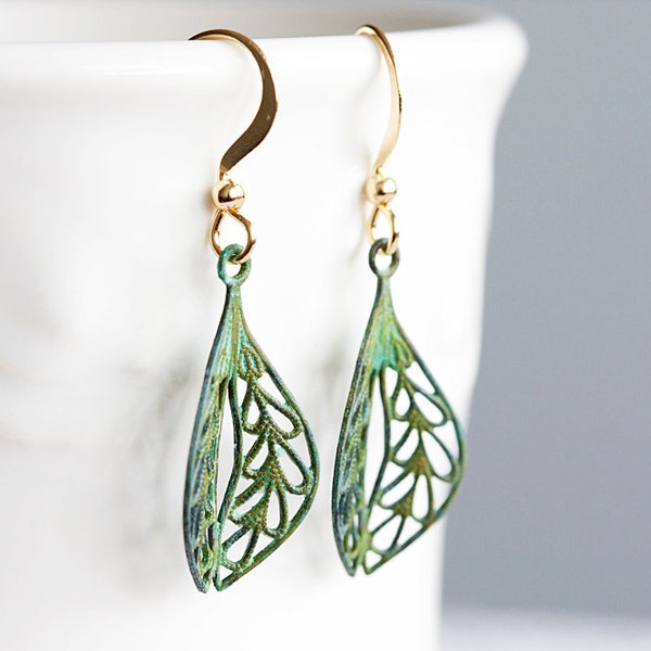 Verdigris Leaf Earrings Intricate Leaf Filigree Patina Earrings Green Earrings - E051