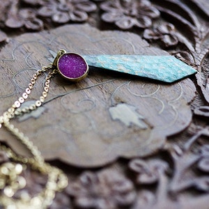 Pink Druzy Geometric Necklace Pink Gemstone Verdigris Patina Necklace Diamond Dangle Pink Quartz Patina Necklace Crystal Druzy Jewelry -N348