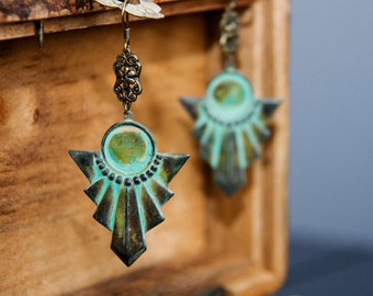 Boho Chic Patina Earrings Vintage Style Egyptian Earrings Art Deco Geometric Christmas Gift - E286