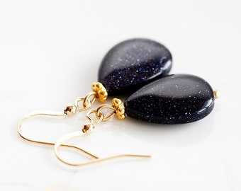 Black Stone Drop Earrings Dark Blue Sandstone Teardrop Earrings Star Night Galaxy Earrings - E249