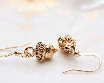 Gold Acorn Earrings Fall Accessories Autumn Oak Tree Nut Earrings Little Acorn Dangle Earrings - E119