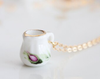 Cream Pitcher Miniature Necklace Porcelain Tea Set Necklace Floral Tea Party Porcelain Jewelry - N191