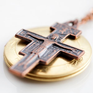 Jesus Cross Locket Necklace Copper Crucifix Pendant Round Floral Brass ...