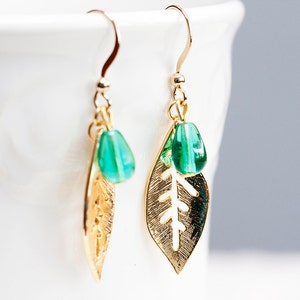 Mint Drop Leaf Earrings Gold Leaf Green Teardrop Earrings Simple Leaf Dangle Earrings Nature Jewelry E185 image 3