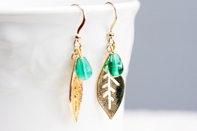 Mint Drop Leaf Earrings Gold Leaf Green Teardrop Earrings Simple Leaf Dangle Earrings Nature Jewelry E185 image 3