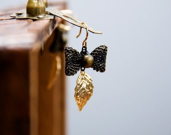Antiqued Bronze Bow Leaf Dangle Earrings - Gold Accents - E289