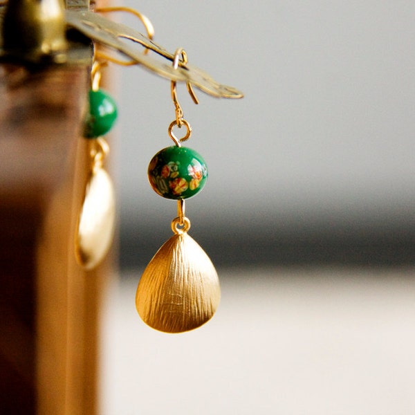 Drop Earrings Floral Green Bead Teardrop Earrings Japanese Inspired Eastern Fashion - E270