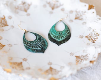 Patina Art Deco Drop Earrings Verdigris Ornamental Charm Rustic Patina Jewelry - E263