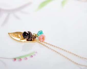 Leaf Acorn Flower Necklace Pink Turquoise Brown Golden Charms Nature Inspired Jewelry - N320