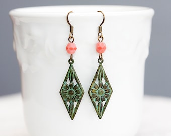 Verdigris Flower Drop Earrings Patina Flower Bohemian Earrings Verdigris Patina Diamond Flower Earrings - E104