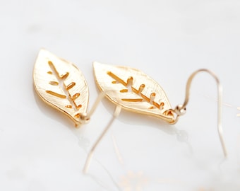 Leaf Dangle Earrings Gold Leaf Earrings Simple Leaf Charms Nature Leaves Delicate Leaf Jewelry - E175