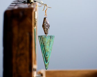 Patina Boho Earrings Verdigris Geometric Drops Art Deco Resin Beads Rustic Green Hippie Modern Boho Jewelry Long Triangle Earrings - E309