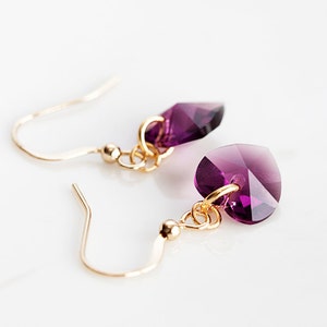 Purple Crystal Heart Earrings Swarowski Crystal Earrings Tiny Heart Dangle Simple Delicate Earrings E137 image 2