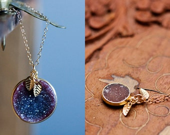 Deep Ruby Druzy Necklace Tiny Leaves Dark Coffee Brown Gemstone Gold Filled Chain Golden Leaf Druzy Pendant Round Druzy Jewelry - N350