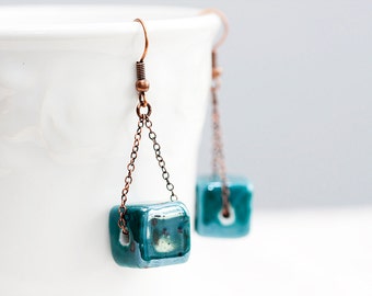 Teal Cube Stone Earring Blue Gemstone Copper Chain Earrings Unique Pattern Smooth Stone Jewelry - E208