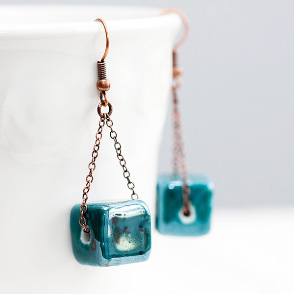 Teal Cube Stone Earring Blue Gemstone Copper Chain Earrings Unique Pattern Smooth Stone Jewelry - E208