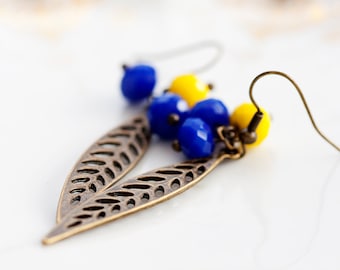 Blue Yellow Beads Leaf Earrings Brown Feather Earrings Leaf Charms Boho Earrings Bohemian Jewelry - E214