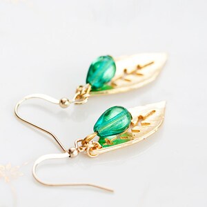 Mint Drop Leaf Earrings Gold Leaf Green Teardrop Earrings Simple Leaf Dangle Earrings Nature Jewelry E185 image 2