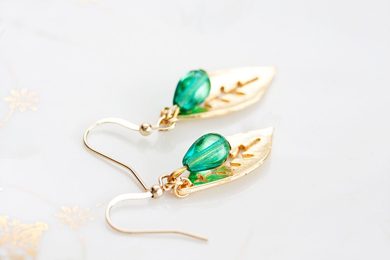 Mint Drop Leaf Earrings Gold Leaf Green Teardrop Earrings Simple Leaf Dangle Earrings Nature Jewelry E185 image 2