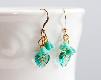 Green Flower Leaf Earrings Turquoise Leaf Flower Earrings Nature Inspired Green Jewelry - E245