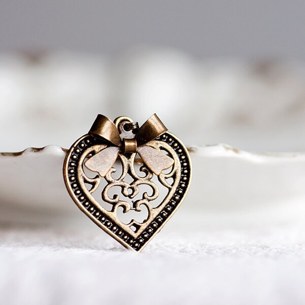 Bow Heart Necklace Floral Heart Cute Bow Necklace Antiqued Brass Sweet Necklace Heart Jewelry - N163