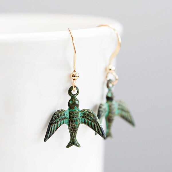 Swallow Dangle Earrings Verdigris Patina Flying Bird Earrings Rustic Green Patina Earrings Bird Jewelry - E219