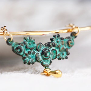 Patina Blumen Halskette Gold filled Kette Tropfen Verdigris Blume Halskette Art Deco Schmuck N099 Bild 1