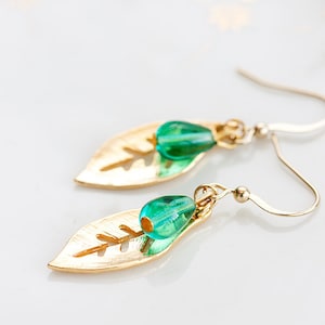 Mint Drop Leaf Earrings Gold Leaf Green Teardrop Earrings Simple Leaf Dangle Earrings Nature Jewelry E185 image 1