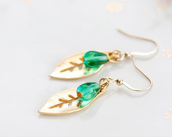 Mint Drop Leaf Earrings Gold Leaf Green Teardrop Earrings Simple Leaf Dangle Earrings Nature Jewelry - E185