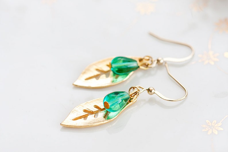 Mint Drop Leaf Earrings Gold Leaf Green Teardrop Earrings Simple Leaf Dangle Earrings Nature Jewelry E185 image 1